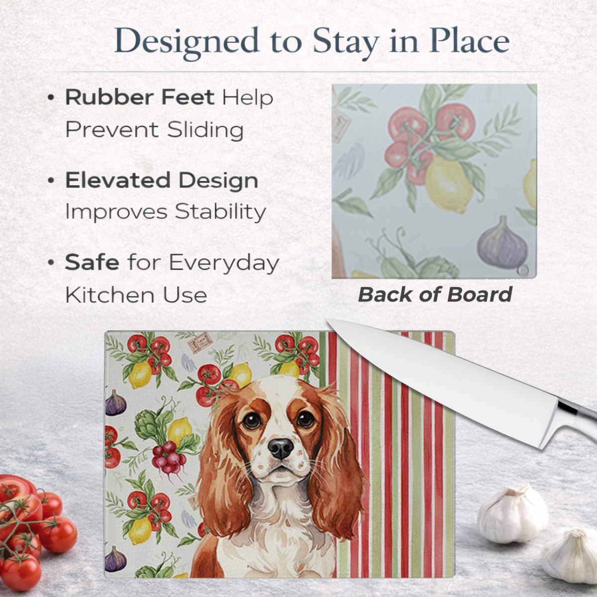 Picture of Carolines Treasures WDK8235LCB 11.25 x 15.25 in. Blenheim English Toy Spaniel Vegetables Glass Cutting Board