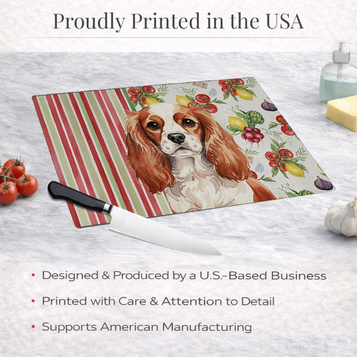 Picture of Carolines Treasures WDK8235LCB 11.25 x 15.25 in. Blenheim English Toy Spaniel Vegetables Glass Cutting Board