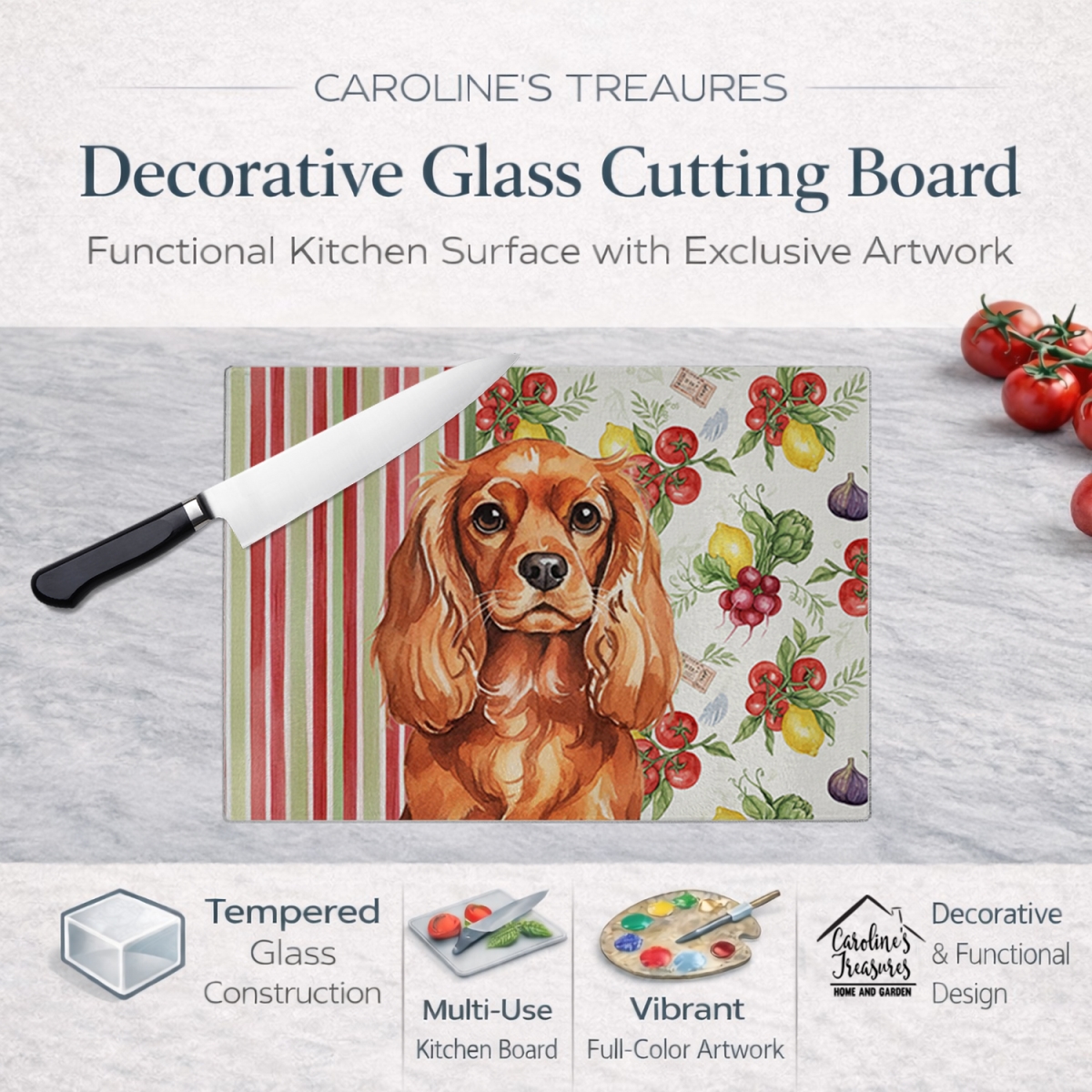 Picture of Carolines Treasures WDK8236LCB 11.25 x 15.25 in. Ruby English Toy Spaniel Vegetables Glass Cutting Board