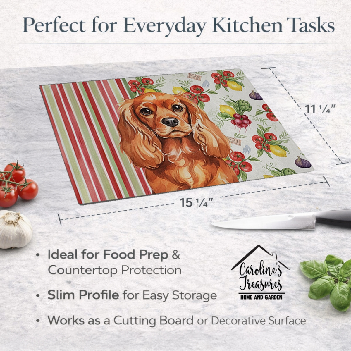 Picture of Carolines Treasures WDK8236LCB 11.25 x 15.25 in. Ruby English Toy Spaniel Vegetables Glass Cutting Board