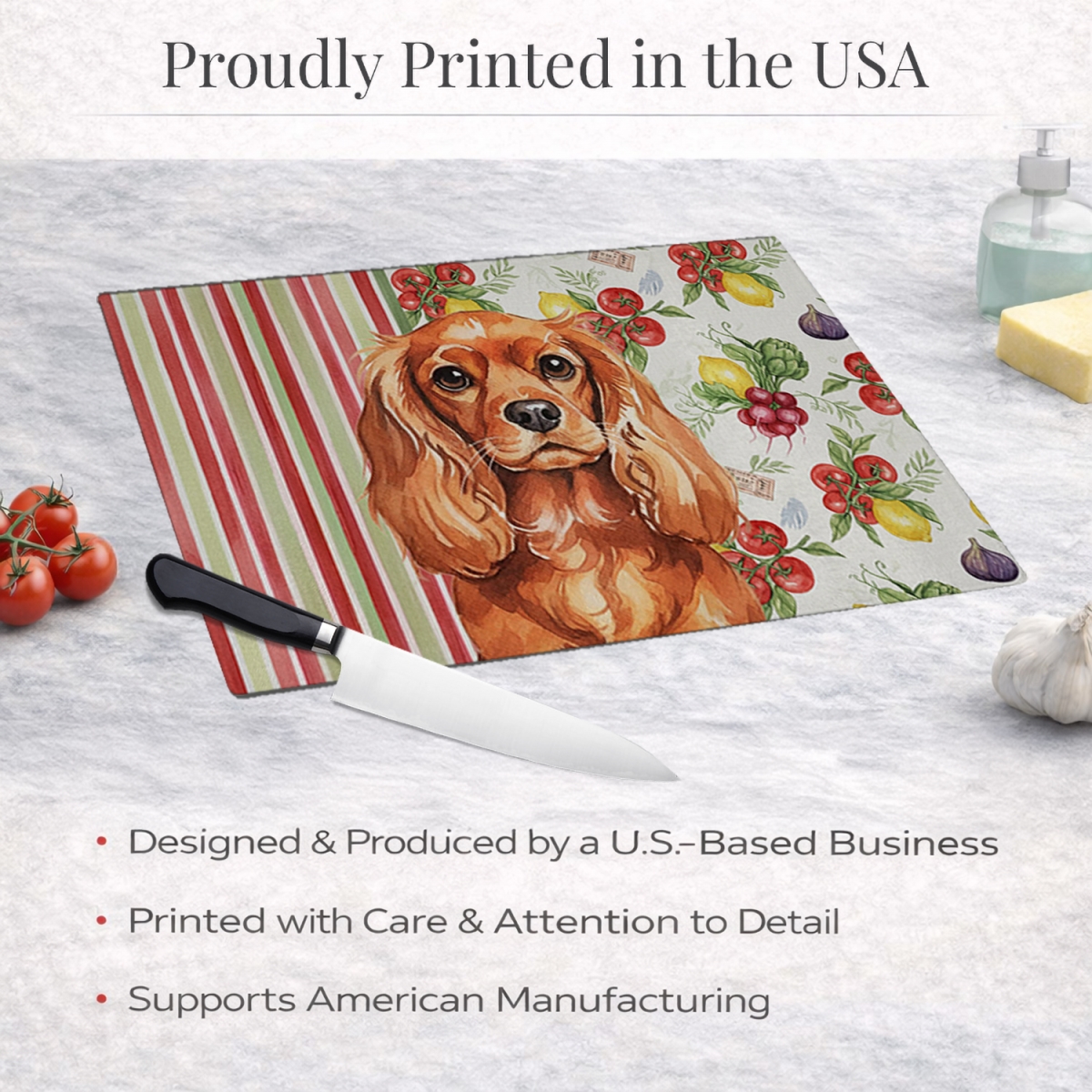 Picture of Carolines Treasures WDK8236LCB 11.25 x 15.25 in. Ruby English Toy Spaniel Vegetables Glass Cutting Board