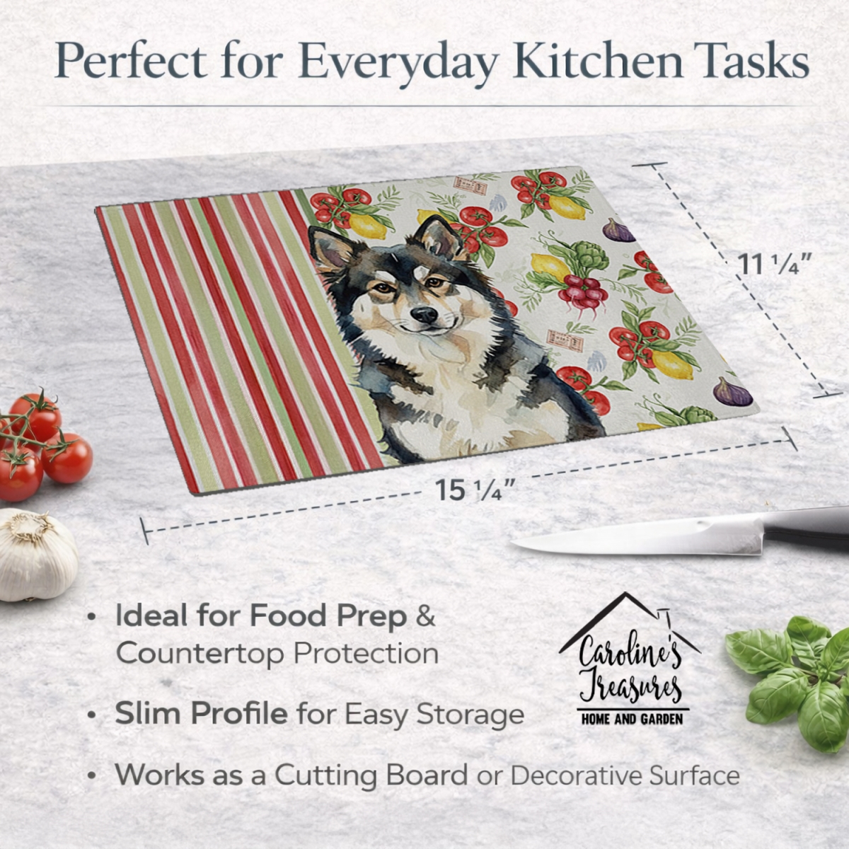 Picture of Carolines Treasures WDK8237LCB 11.25 x 15.25 in. Finnish Lapphund Vegetables Glass Cutting Board