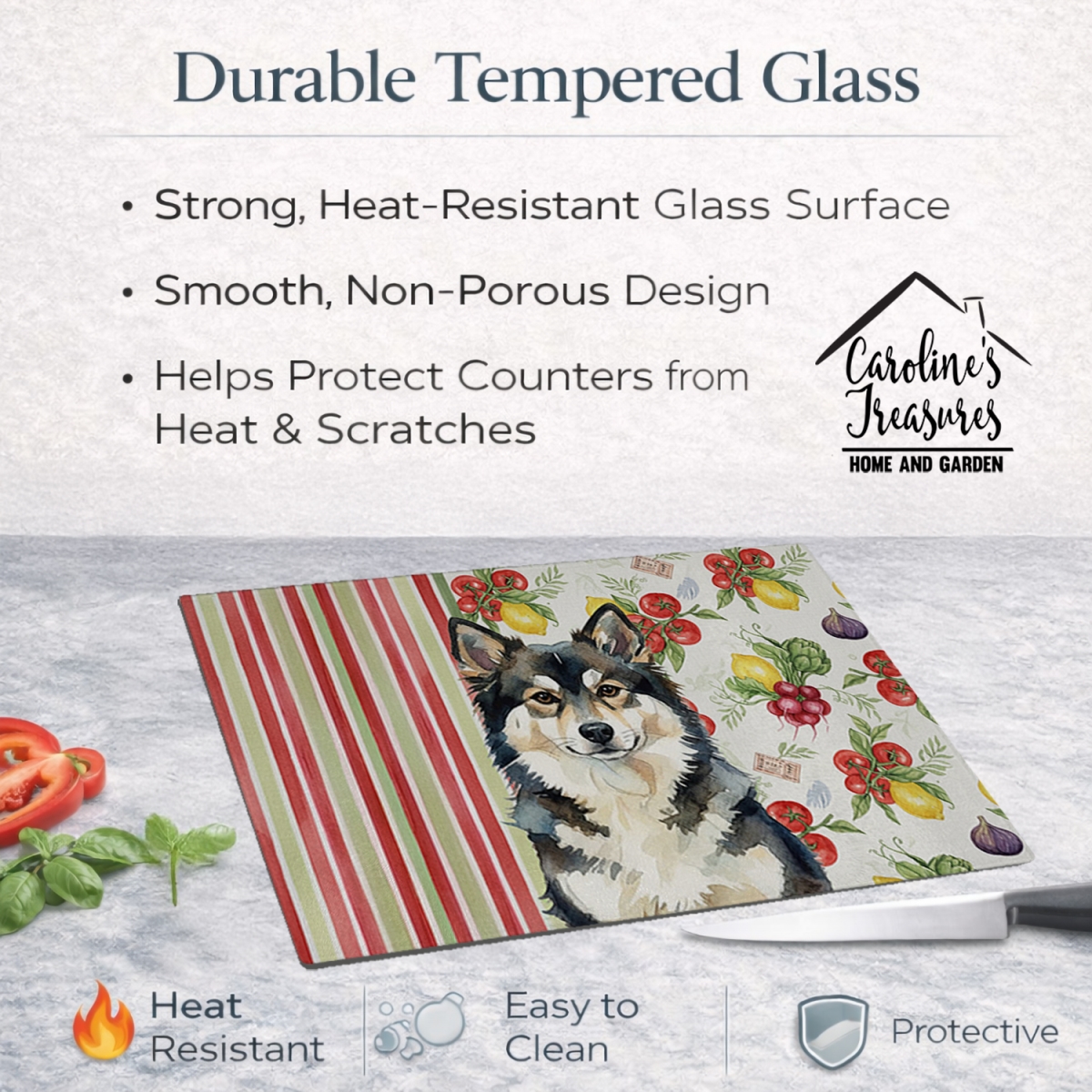 Picture of Carolines Treasures WDK8237LCB 11.25 x 15.25 in. Finnish Lapphund Vegetables Glass Cutting Board