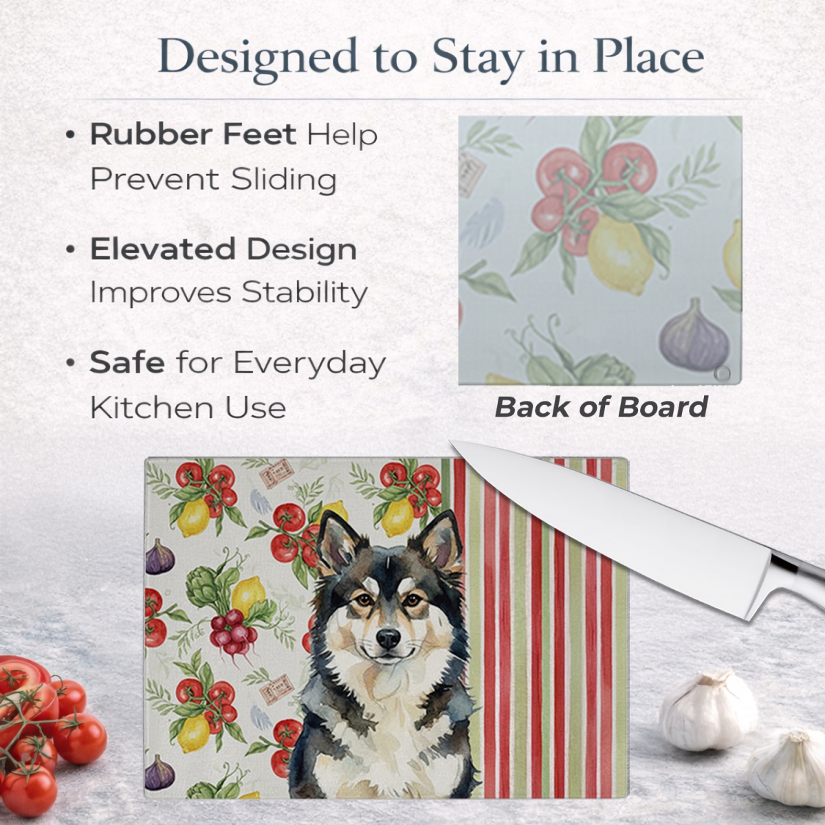 Picture of Carolines Treasures WDK8237LCB 11.25 x 15.25 in. Finnish Lapphund Vegetables Glass Cutting Board