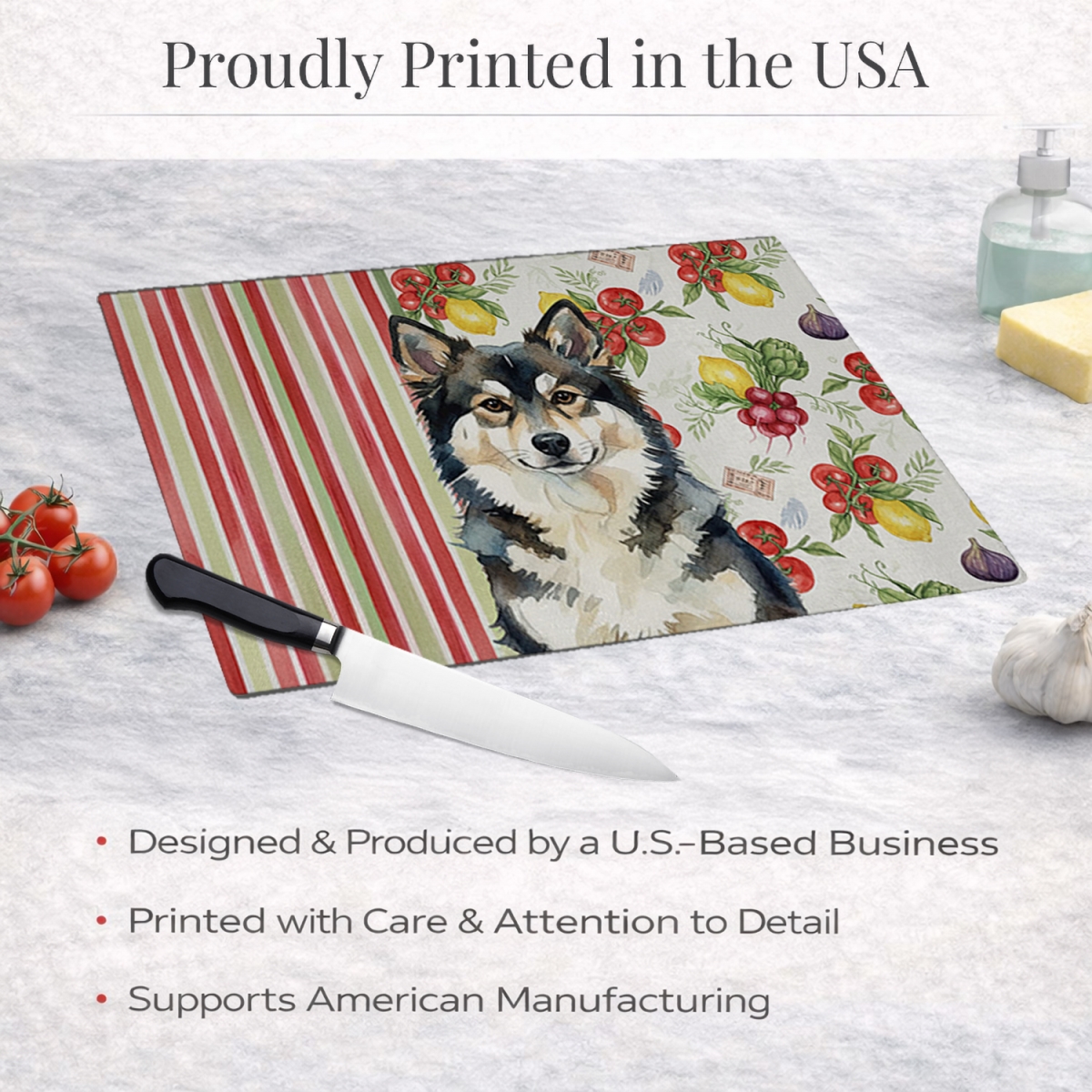 Picture of Carolines Treasures WDK8237LCB 11.25 x 15.25 in. Finnish Lapphund Vegetables Glass Cutting Board
