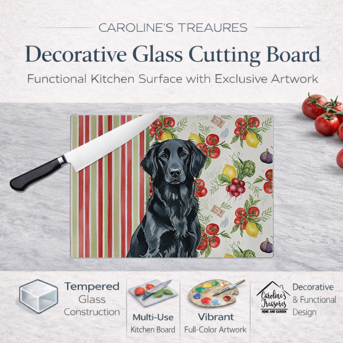 Picture of Carolines Treasures WDK8238LCB 11.25 x 15.25 in. Black Flat-Coated Retriever Vegetables Glass Cutting Board