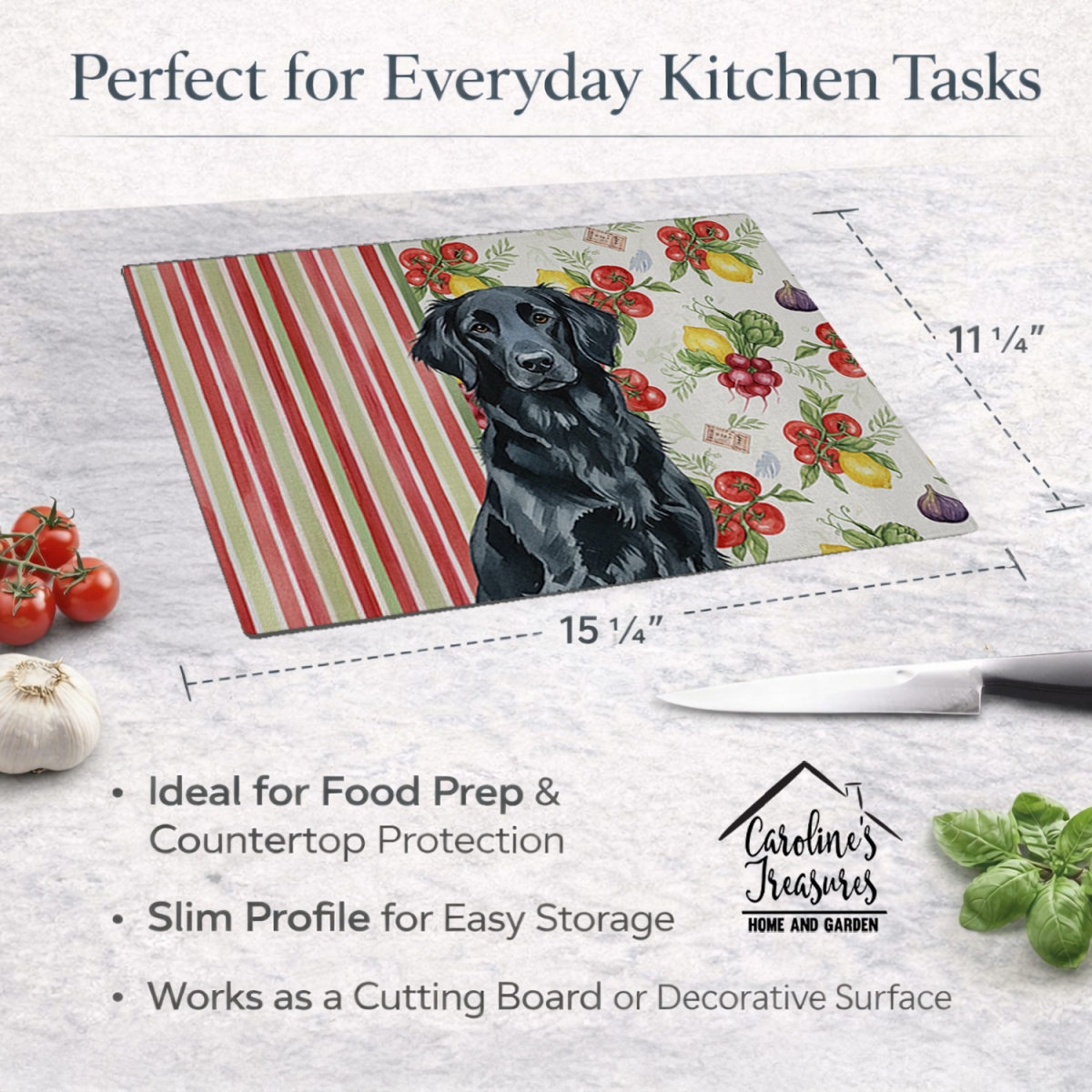 Picture of Carolines Treasures WDK8238LCB 11.25 x 15.25 in. Black Flat-Coated Retriever Vegetables Glass Cutting Board