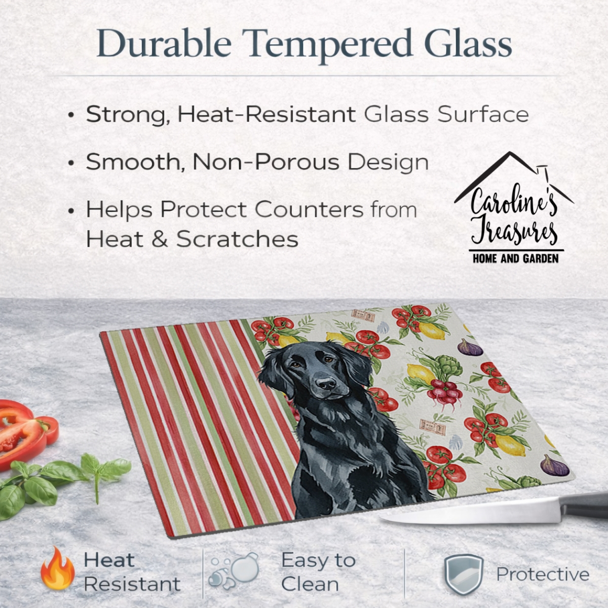 Picture of Carolines Treasures WDK8238LCB 11.25 x 15.25 in. Black Flat-Coated Retriever Vegetables Glass Cutting Board
