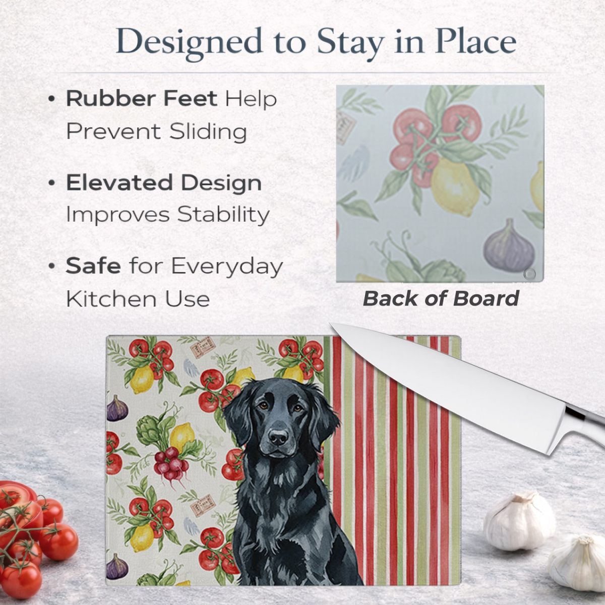 Picture of Carolines Treasures WDK8238LCB 11.25 x 15.25 in. Black Flat-Coated Retriever Vegetables Glass Cutting Board