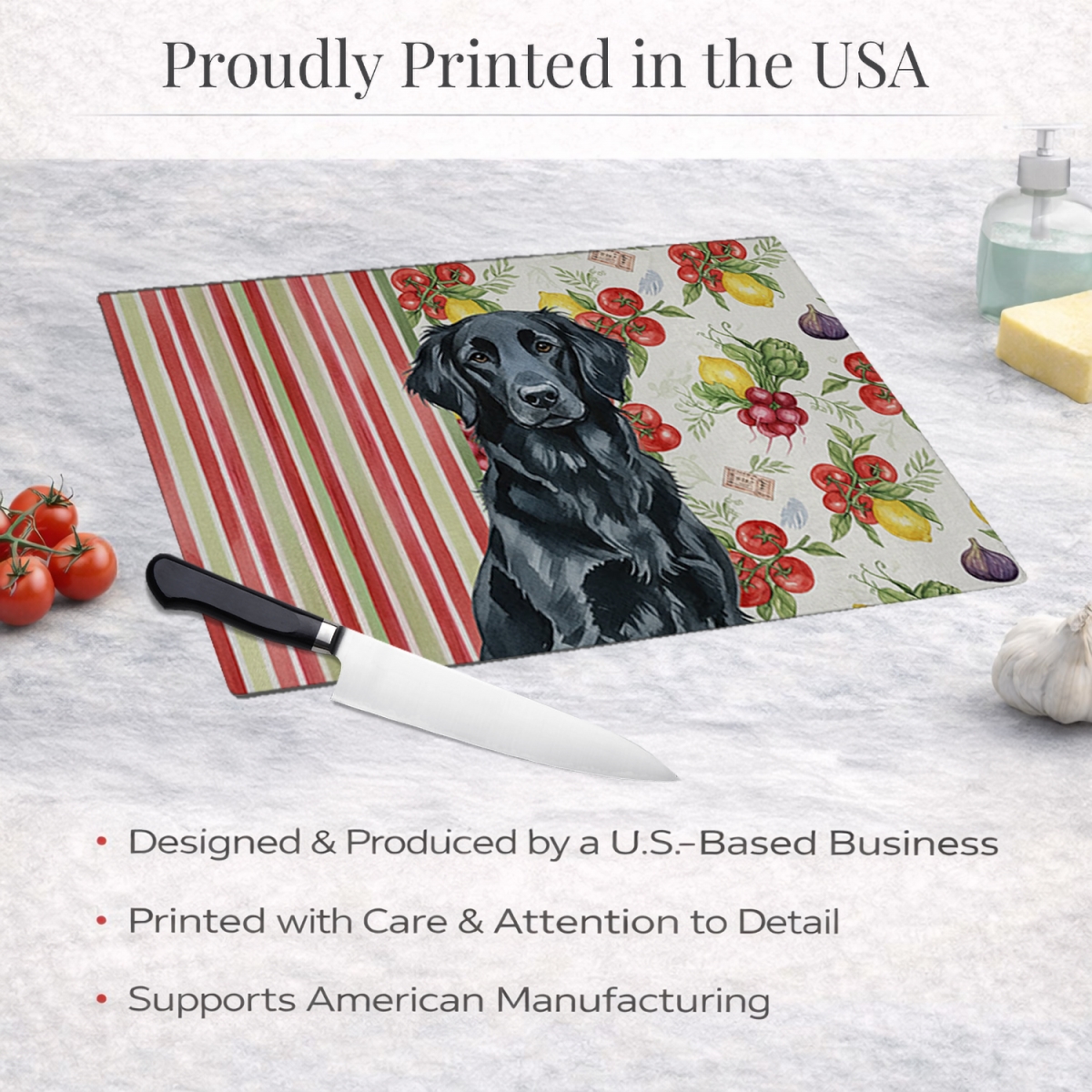 Picture of Carolines Treasures WDK8238LCB 11.25 x 15.25 in. Black Flat-Coated Retriever Vegetables Glass Cutting Board