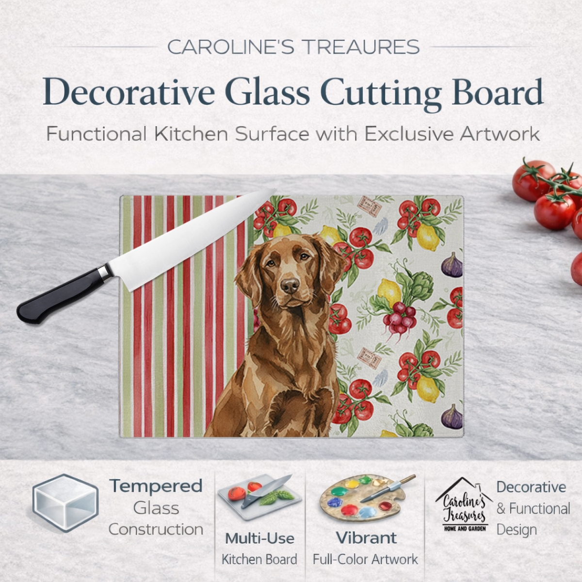 Picture of Carolines Treasures WDK8239LCB 11.25 x 15.25 in. Liver Flat-Coated Retriever Vegetables Glass Cutting Board