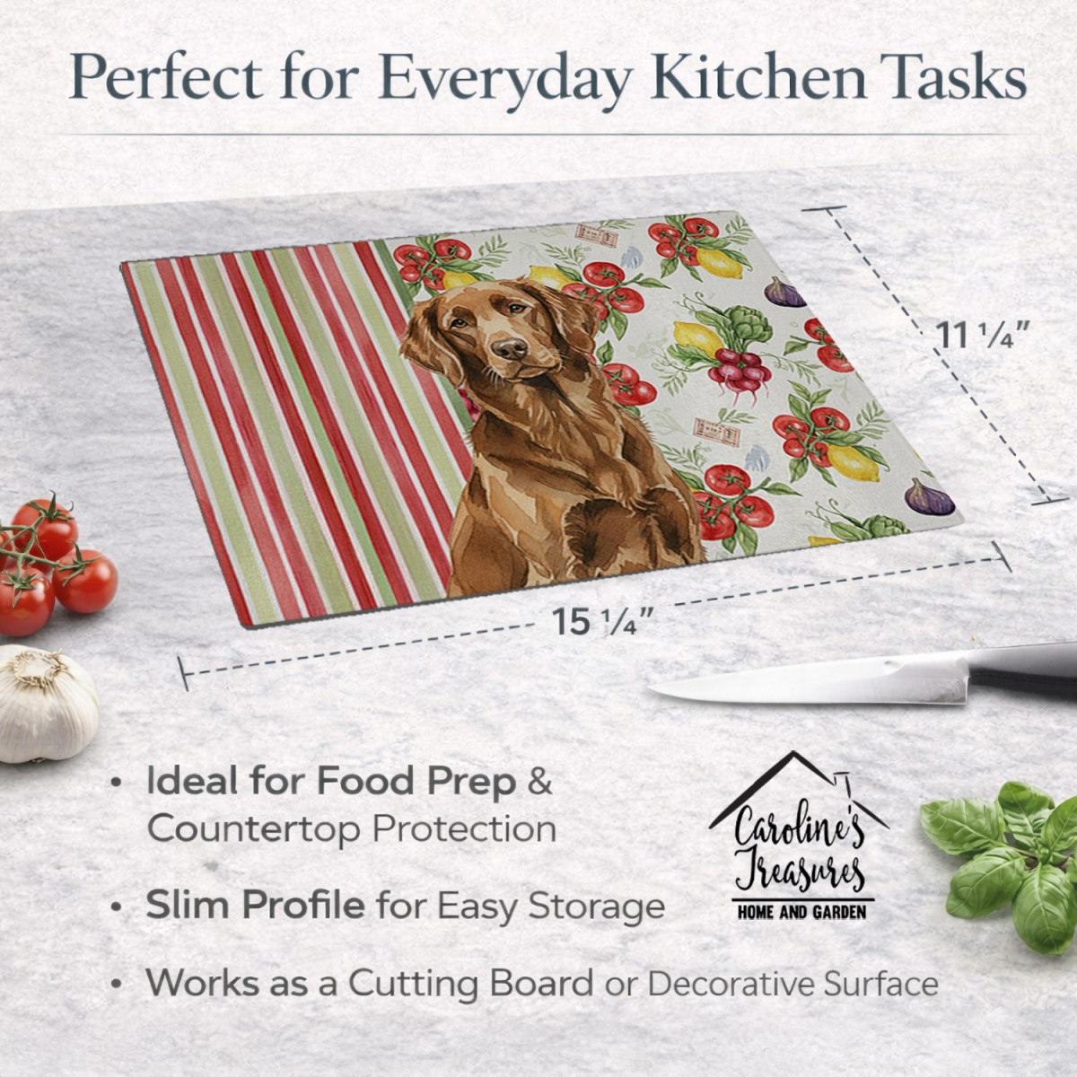 Picture of Carolines Treasures WDK8239LCB 11.25 x 15.25 in. Liver Flat-Coated Retriever Vegetables Glass Cutting Board