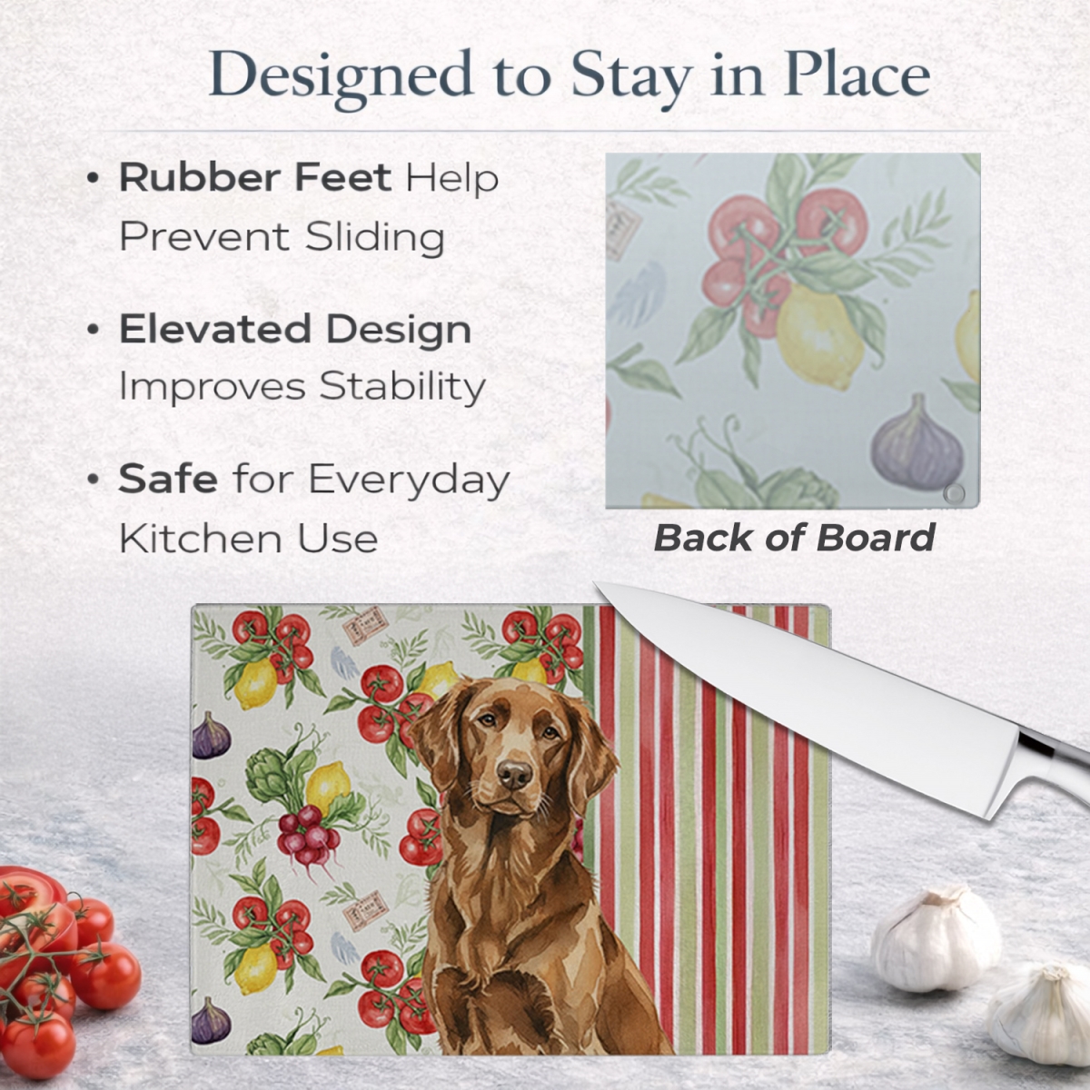 Picture of Carolines Treasures WDK8239LCB 11.25 x 15.25 in. Liver Flat-Coated Retriever Vegetables Glass Cutting Board