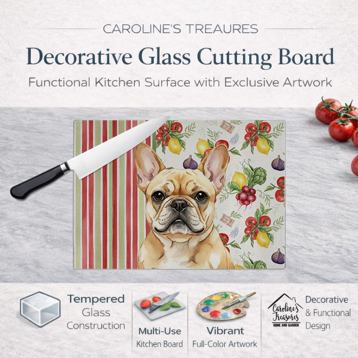 Picture of Carolines Treasures WDK8240LCB 11.25 x 15.25 in. Fawn French Bulldog Vegetables Glass Cutting Board