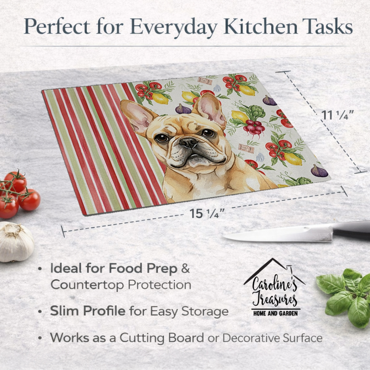 Picture of Carolines Treasures WDK8240LCB 11.25 x 15.25 in. Fawn French Bulldog Vegetables Glass Cutting Board