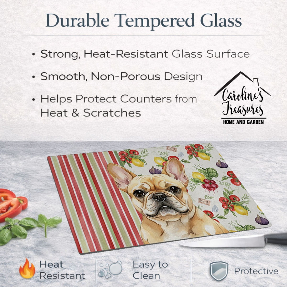 Picture of Carolines Treasures WDK8240LCB 11.25 x 15.25 in. Fawn French Bulldog Vegetables Glass Cutting Board