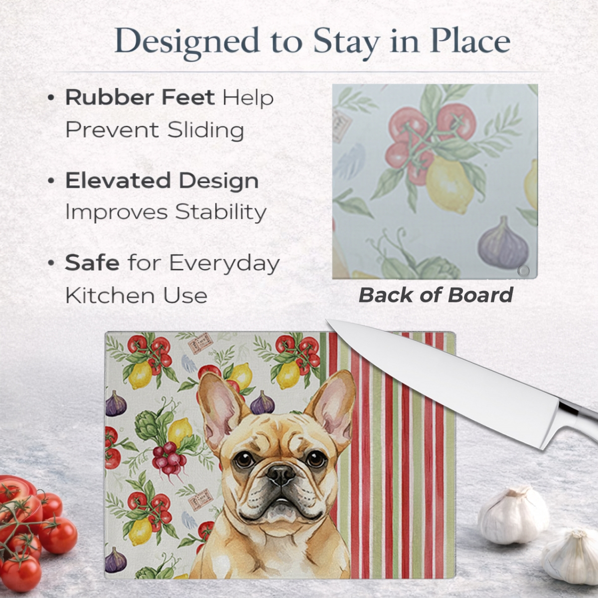 Picture of Carolines Treasures WDK8240LCB 11.25 x 15.25 in. Fawn French Bulldog Vegetables Glass Cutting Board