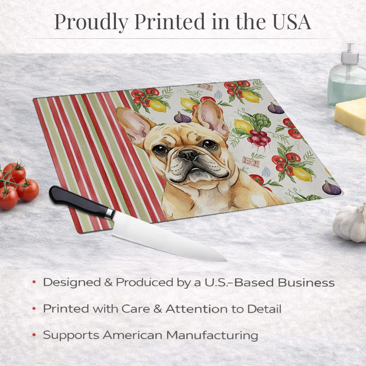 Picture of Carolines Treasures WDK8240LCB 11.25 x 15.25 in. Fawn French Bulldog Vegetables Glass Cutting Board