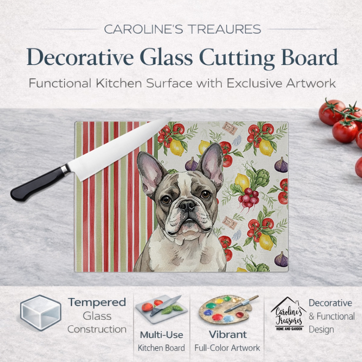 Picture of Carolines Treasures WDK8241LCB 11.25 x 15.25 in. Pied French Bulldog Vegetables Glass Cutting Board