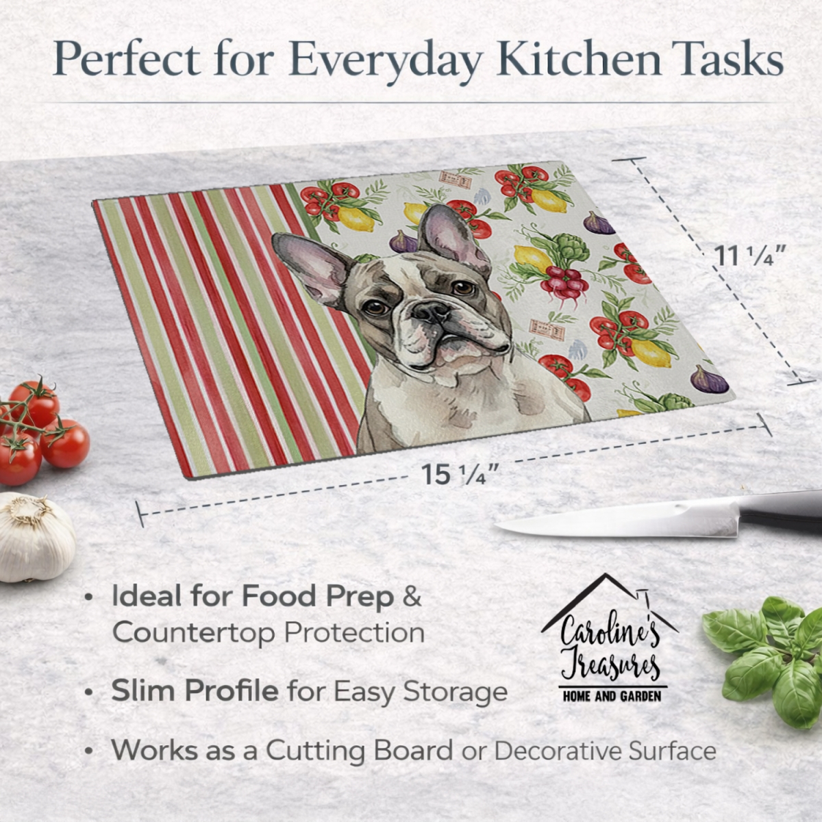 Picture of Carolines Treasures WDK8241LCB 11.25 x 15.25 in. Pied French Bulldog Vegetables Glass Cutting Board