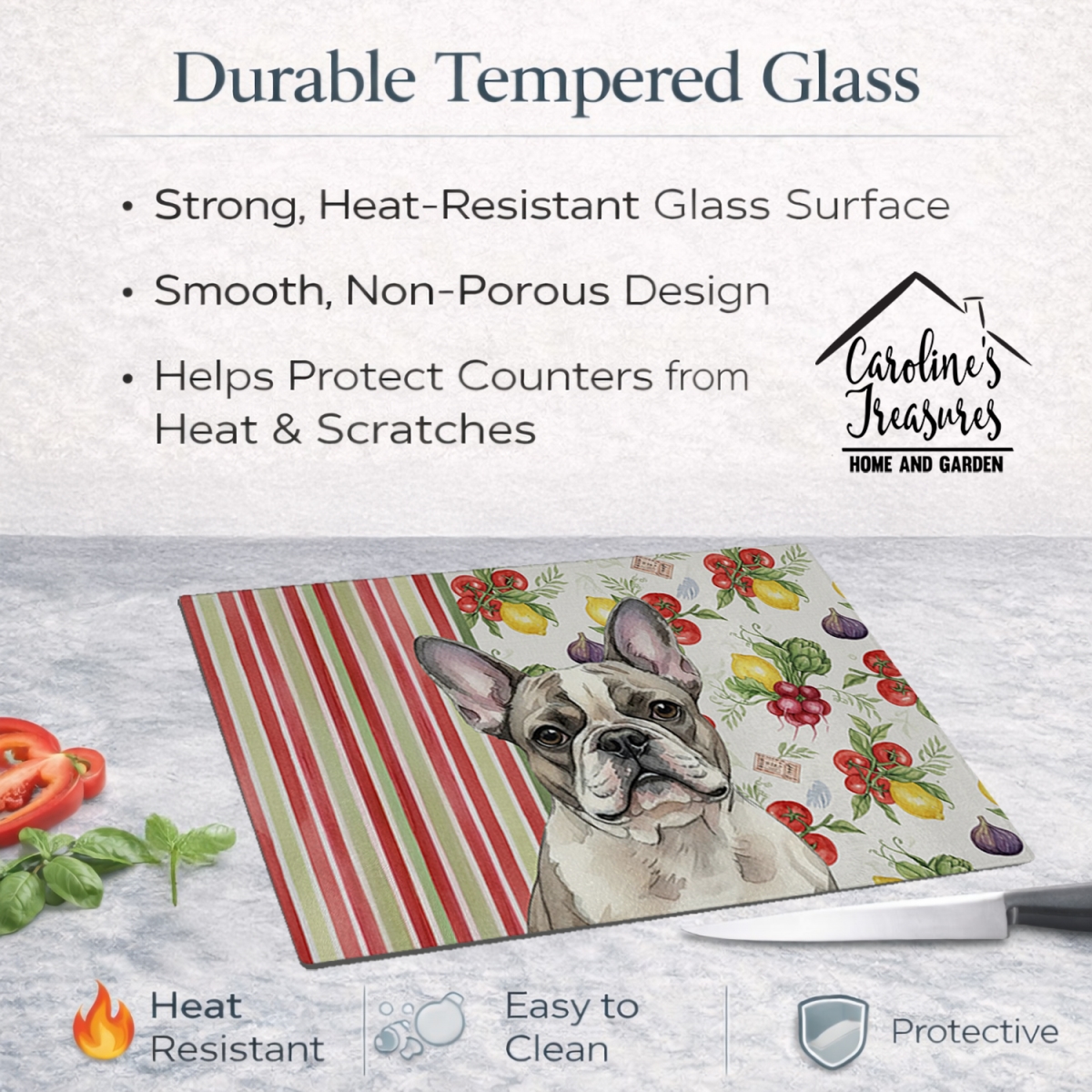 Picture of Carolines Treasures WDK8241LCB 11.25 x 15.25 in. Pied French Bulldog Vegetables Glass Cutting Board