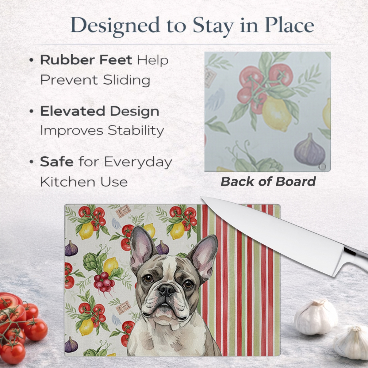 Picture of Carolines Treasures WDK8241LCB 11.25 x 15.25 in. Pied French Bulldog Vegetables Glass Cutting Board