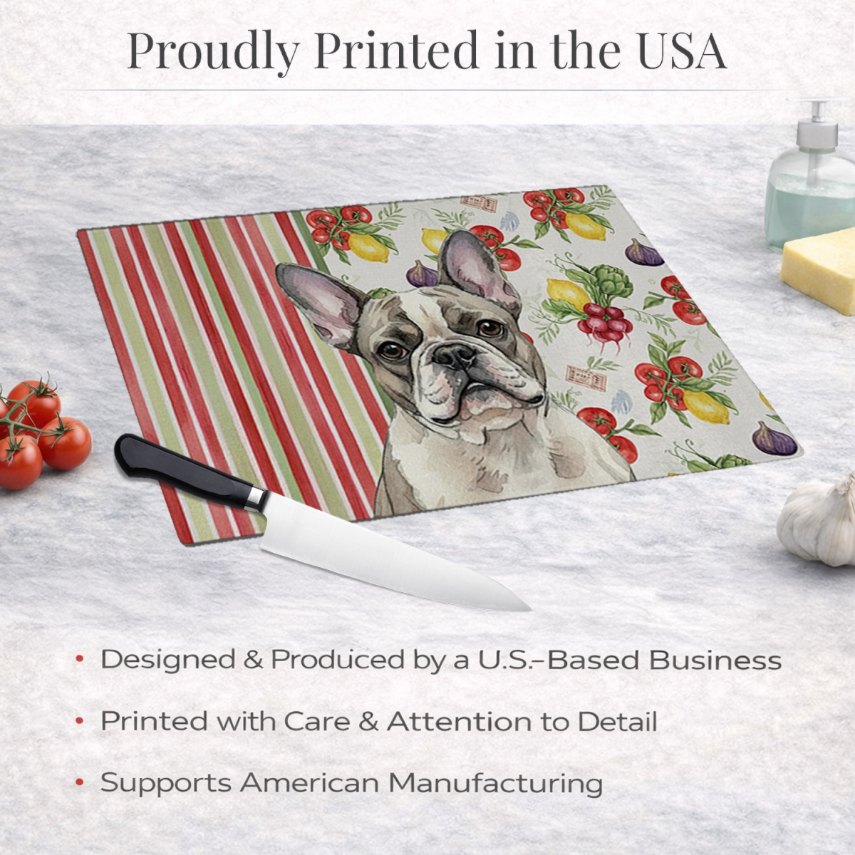 Picture of Carolines Treasures WDK8241LCB 11.25 x 15.25 in. Pied French Bulldog Vegetables Glass Cutting Board