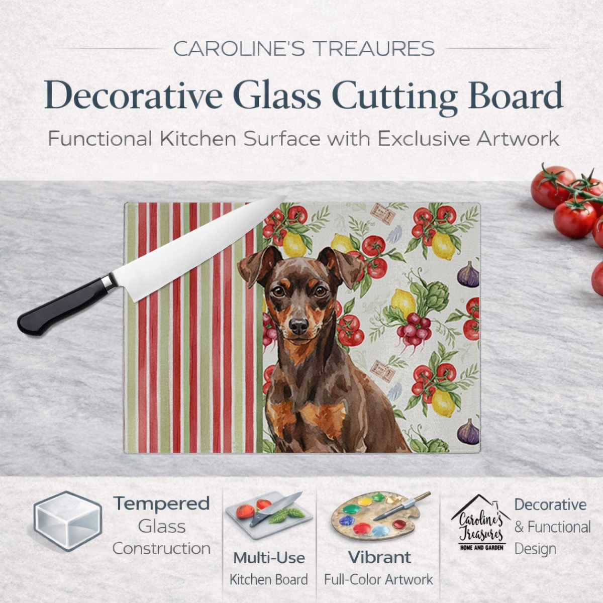 Picture of Carolines Treasures WDK8314LCB 11.25 x 15.25 in. Chocolate & Rust Miniature Pinscher Min Pin Vegetables Glass Cutting Board