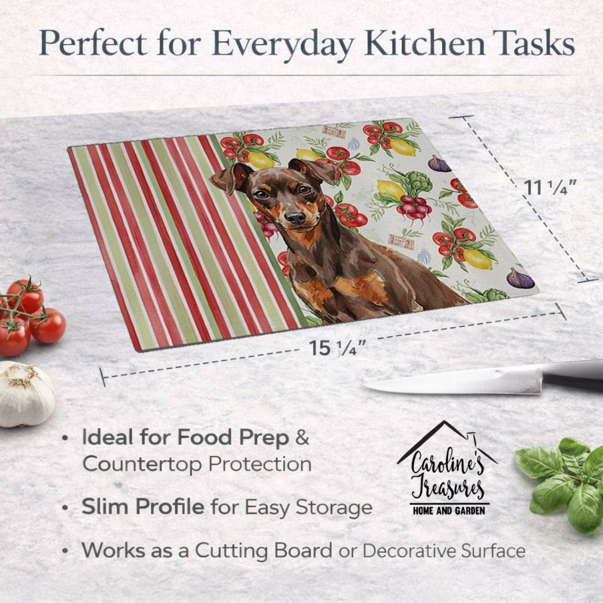 Picture of Carolines Treasures WDK8314LCB 11.25 x 15.25 in. Chocolate & Rust Miniature Pinscher Min Pin Vegetables Glass Cutting Board