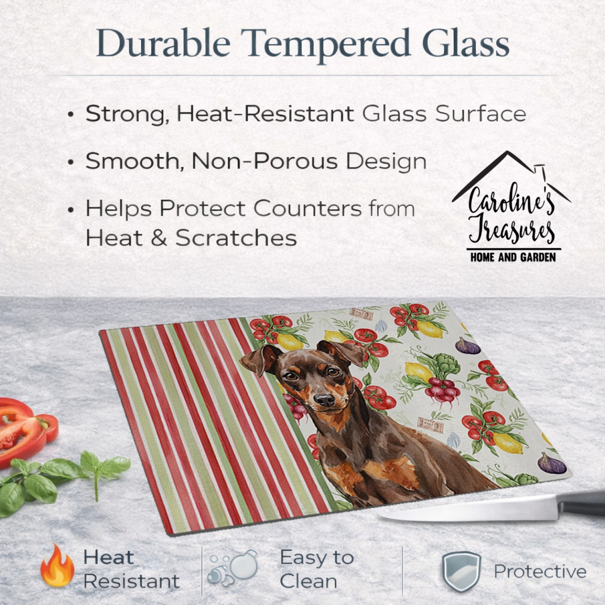 Picture of Carolines Treasures WDK8314LCB 11.25 x 15.25 in. Chocolate & Rust Miniature Pinscher Min Pin Vegetables Glass Cutting Board