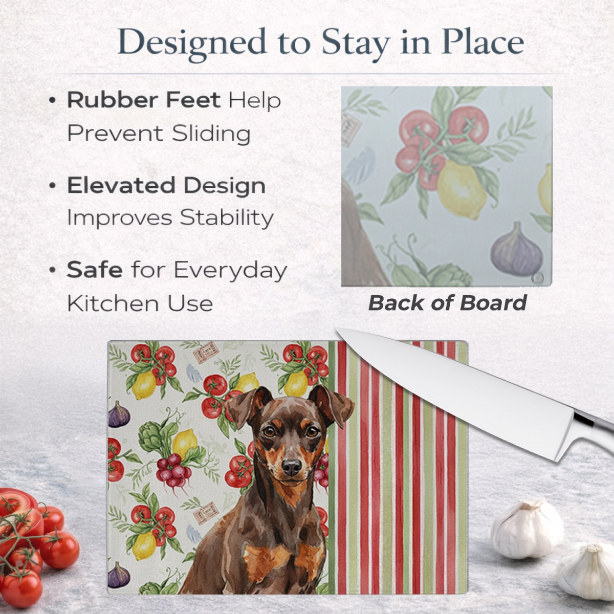 Picture of Carolines Treasures WDK8314LCB 11.25 x 15.25 in. Chocolate & Rust Miniature Pinscher Min Pin Vegetables Glass Cutting Board