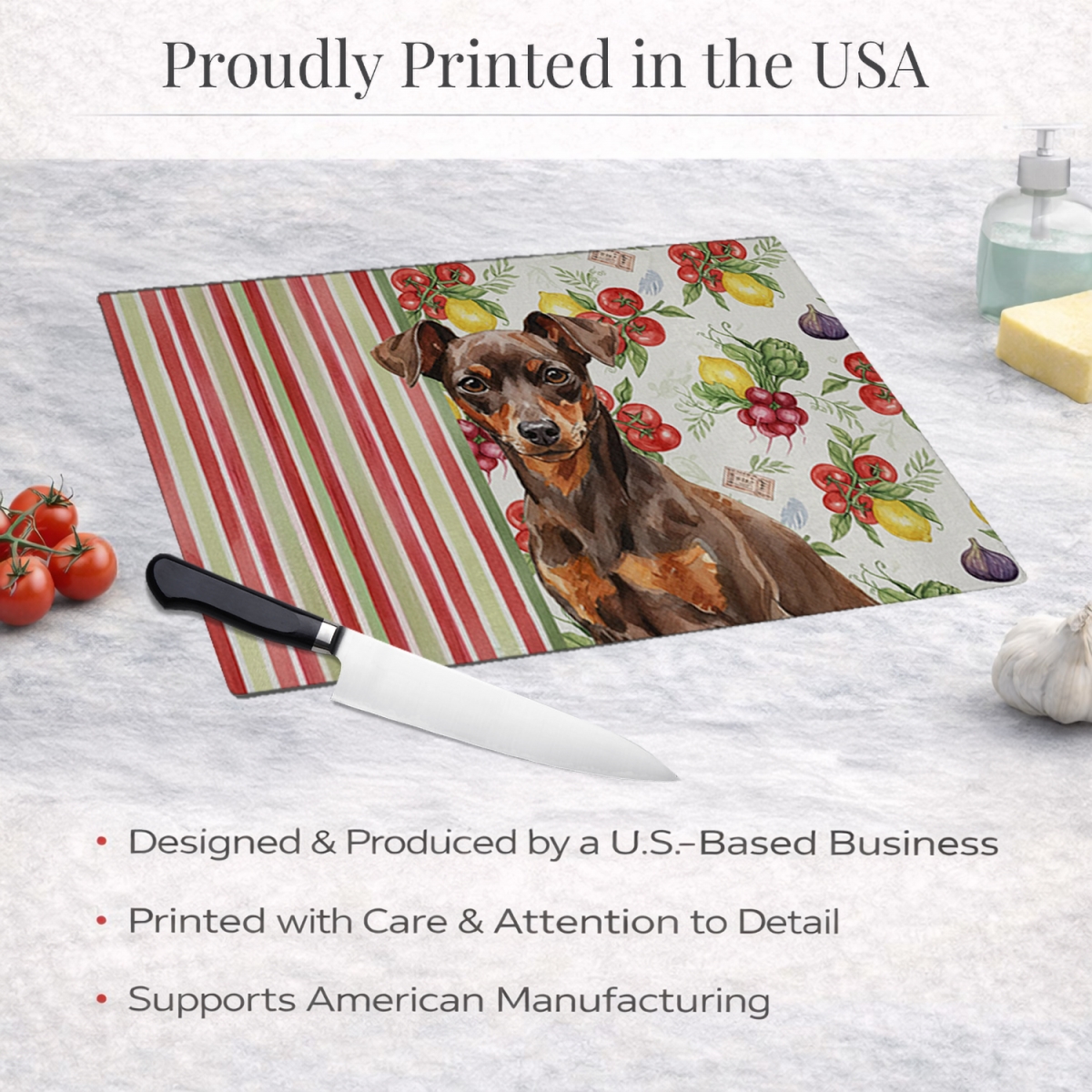 Picture of Carolines Treasures WDK8314LCB 11.25 x 15.25 in. Chocolate & Rust Miniature Pinscher Min Pin Vegetables Glass Cutting Board