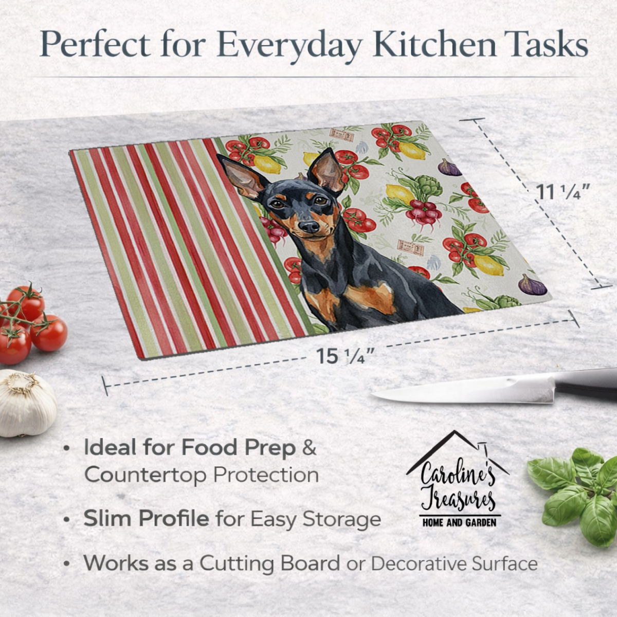 Picture of Carolines Treasures WDK8315LCB 11.25 x 15.25 in. Black & Tan Miniature Pinscher Vegetables Glass Cutting Board