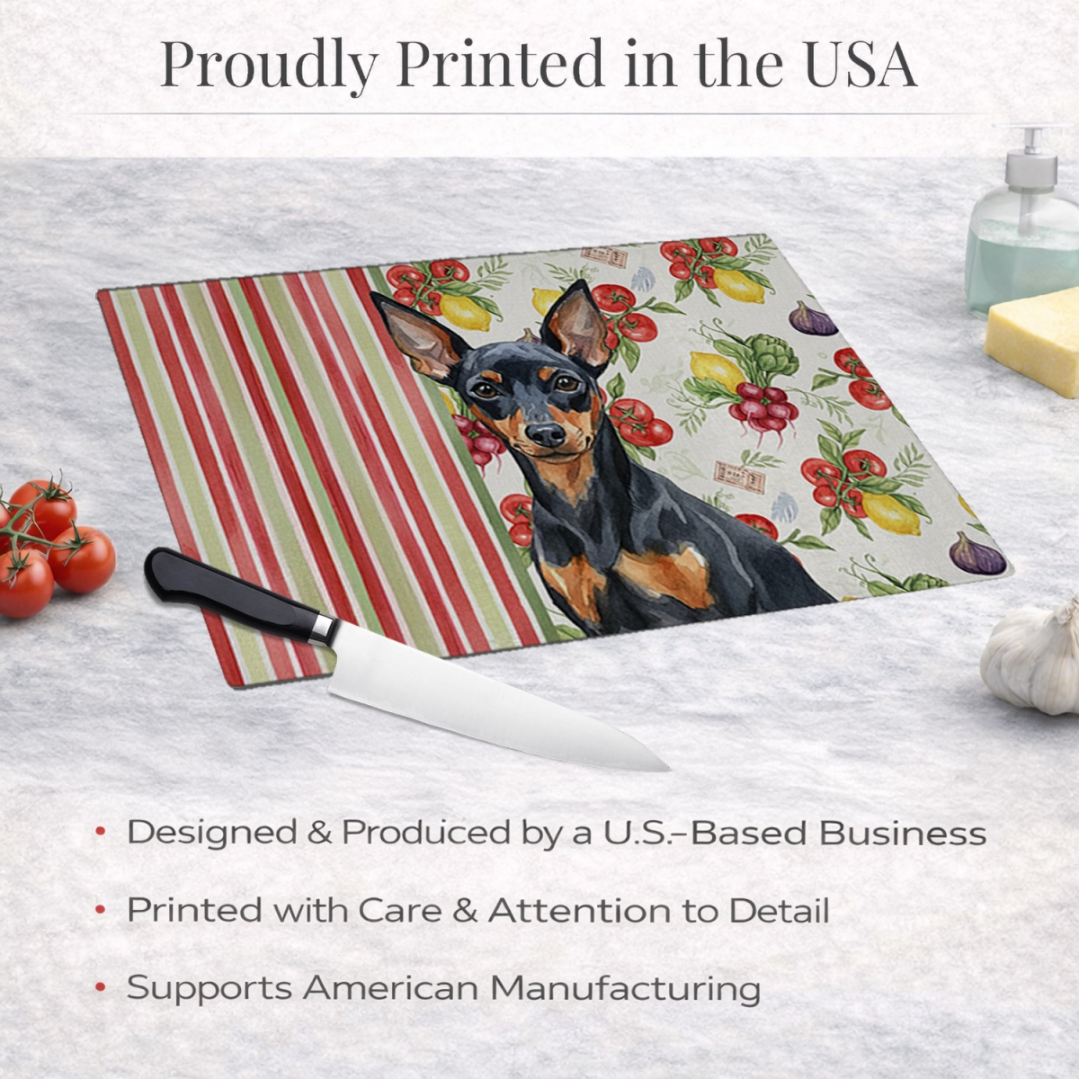 Picture of Carolines Treasures WDK8315LCB 11.25 x 15.25 in. Black & Tan Miniature Pinscher Vegetables Glass Cutting Board