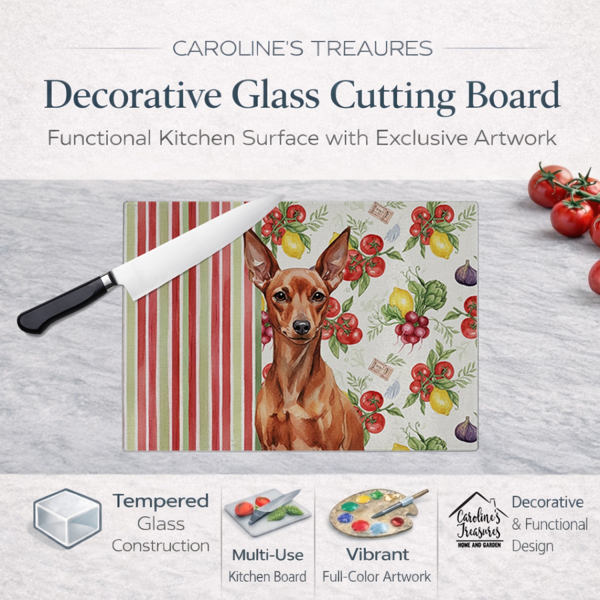 Picture of Carolines Treasures WDK8316LCB 11.25 x 15.25 in. Red Miniature Pinscher Min Pin Vegetables Glass Cutting Board