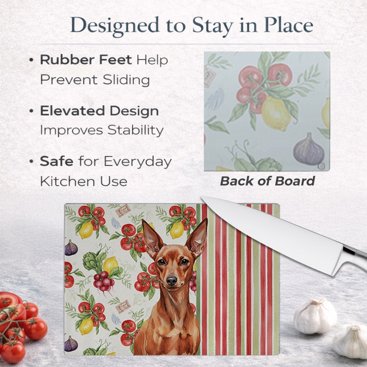 Picture of Carolines Treasures WDK8316LCB 11.25 x 15.25 in. Red Miniature Pinscher Min Pin Vegetables Glass Cutting Board