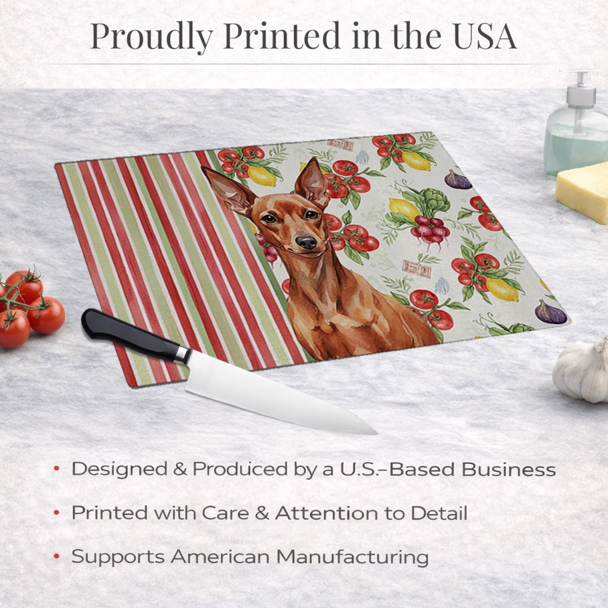 Picture of Carolines Treasures WDK8316LCB 11.25 x 15.25 in. Red Miniature Pinscher Min Pin Vegetables Glass Cutting Board