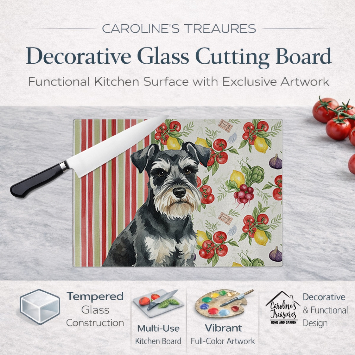 Picture of Carolines Treasures WDK8317LCB 11.25 x 15.25 in. Black & Silver Miniature Schnauzer Vegetables Glass Cutting Board