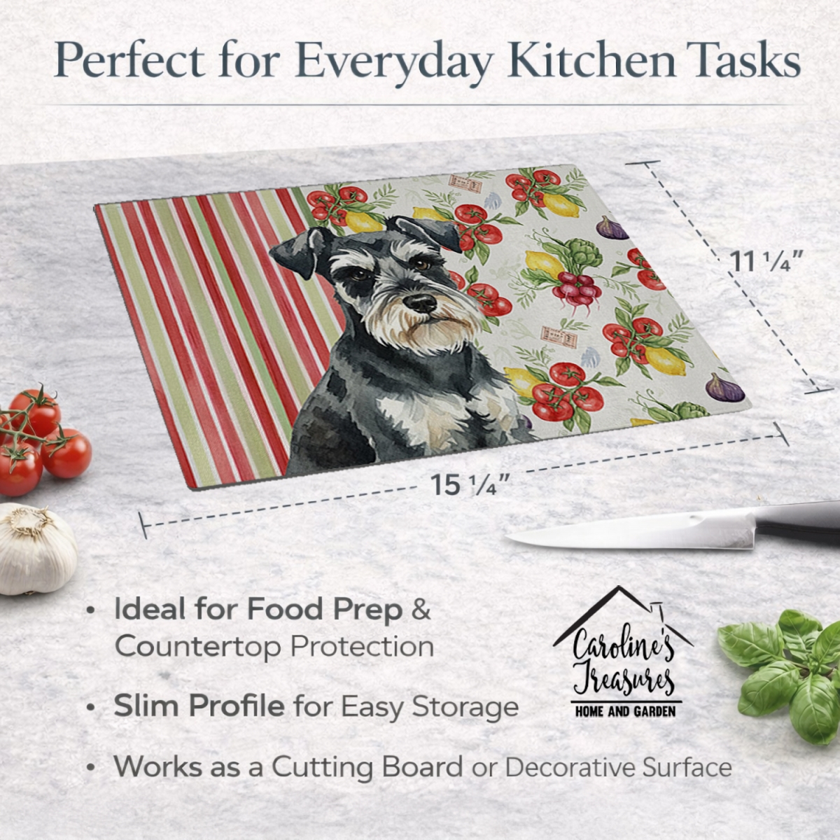 Picture of Carolines Treasures WDK8317LCB 11.25 x 15.25 in. Black & Silver Miniature Schnauzer Vegetables Glass Cutting Board