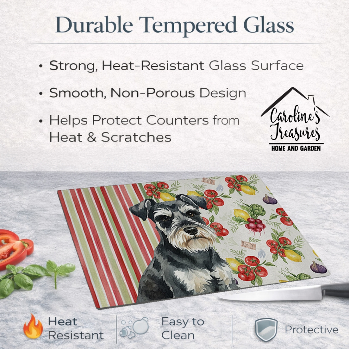 Picture of Carolines Treasures WDK8317LCB 11.25 x 15.25 in. Black & Silver Miniature Schnauzer Vegetables Glass Cutting Board