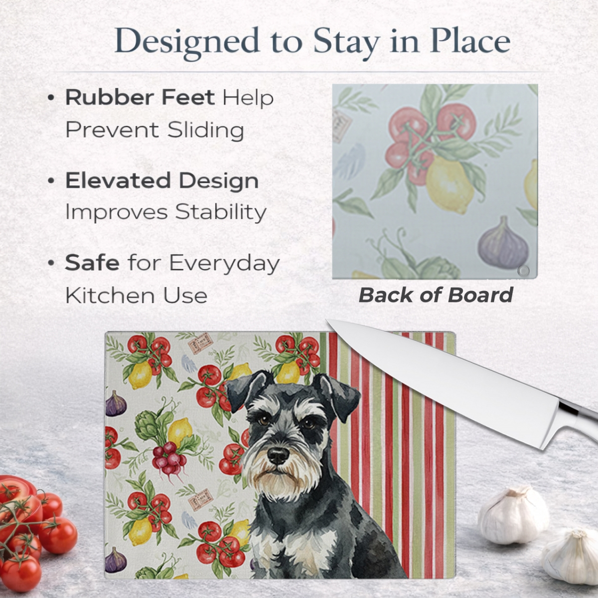 Picture of Carolines Treasures WDK8317LCB 11.25 x 15.25 in. Black & Silver Miniature Schnauzer Vegetables Glass Cutting Board
