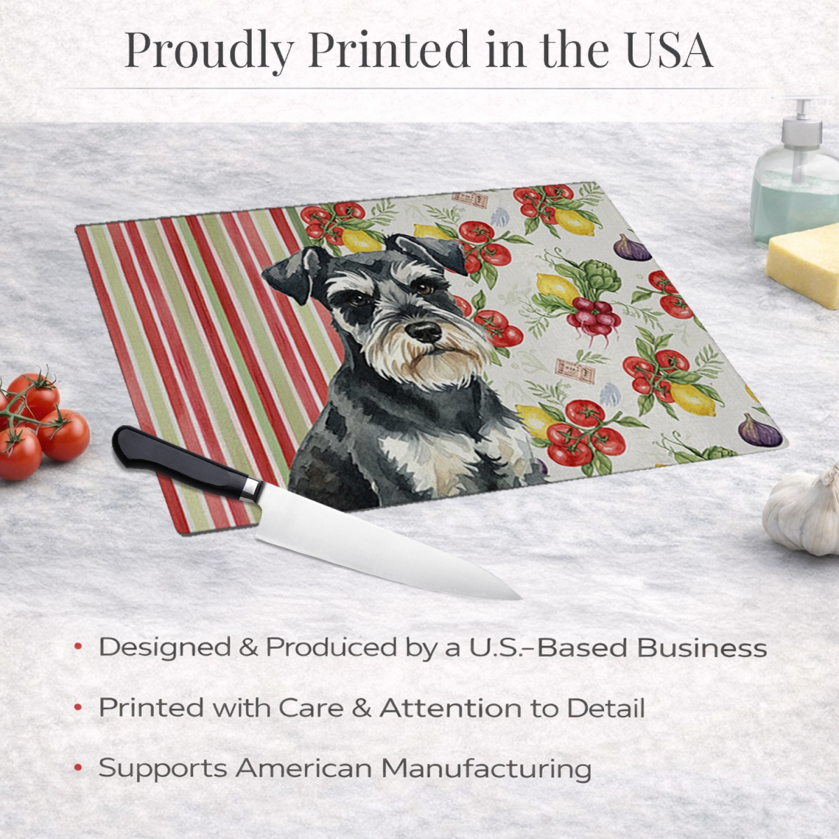 Picture of Carolines Treasures WDK8317LCB 11.25 x 15.25 in. Black & Silver Miniature Schnauzer Vegetables Glass Cutting Board
