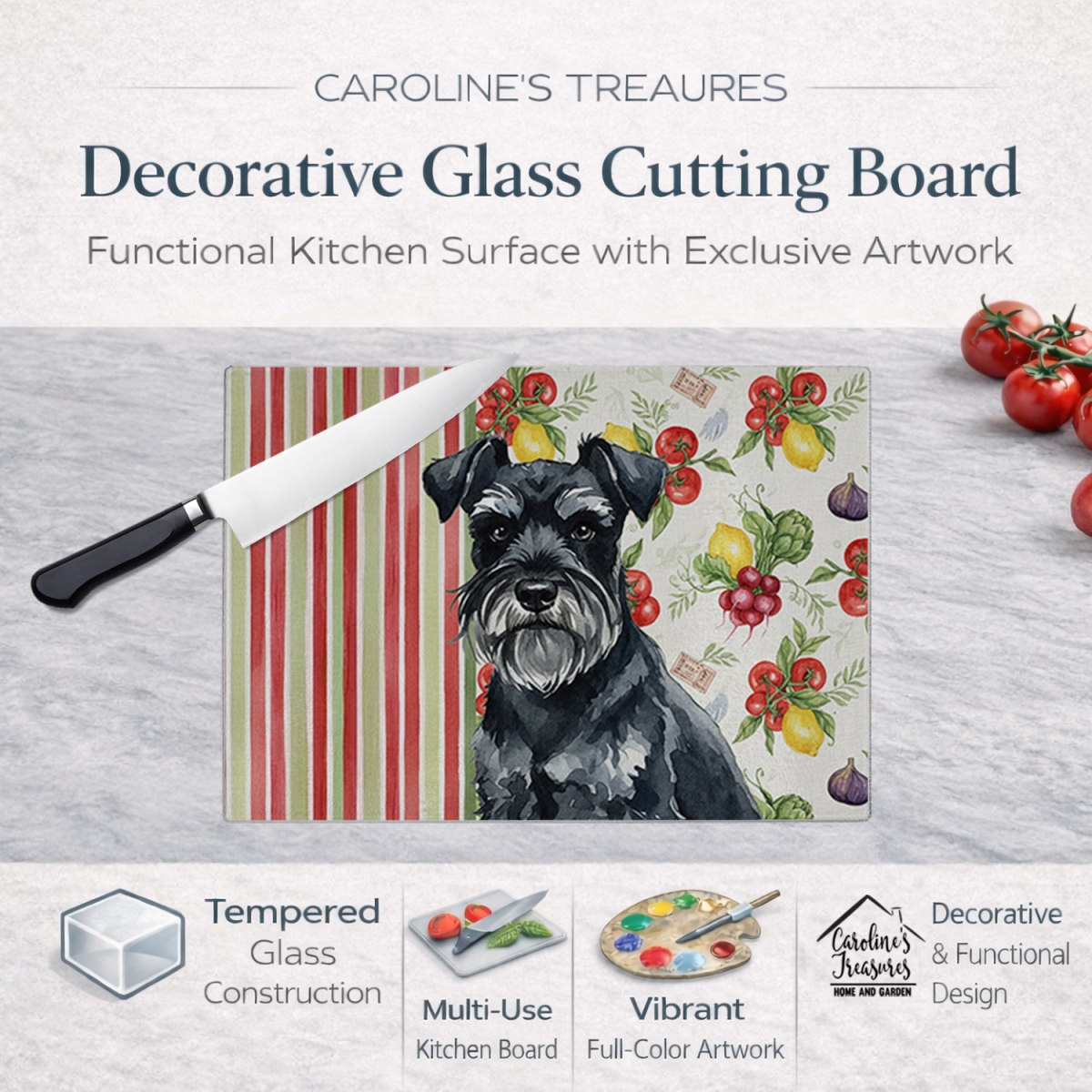 Picture of Carolines Treasures WDK8318LCB 11.25 x 15.25 in. Black Miniature Schnauzer Vegetables Glass Cutting Board