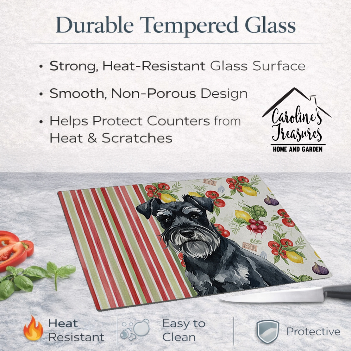 Picture of Carolines Treasures WDK8318LCB 11.25 x 15.25 in. Black Miniature Schnauzer Vegetables Glass Cutting Board
