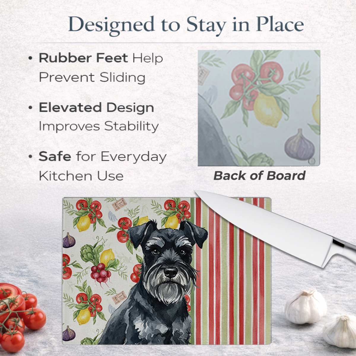Picture of Carolines Treasures WDK8318LCB 11.25 x 15.25 in. Black Miniature Schnauzer Vegetables Glass Cutting Board