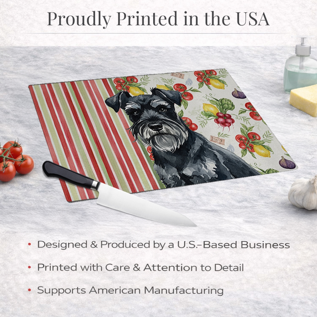 Picture of Carolines Treasures WDK8318LCB 11.25 x 15.25 in. Black Miniature Schnauzer Vegetables Glass Cutting Board