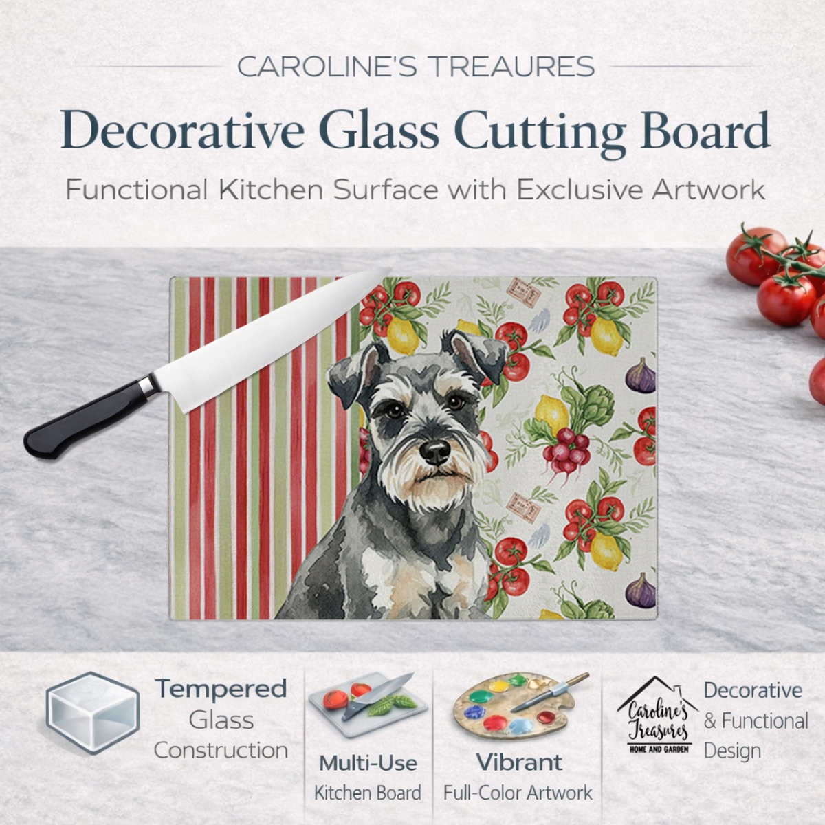 Picture of Carolines Treasures WDK8319LCB 11.25 x 15.25 in. Miniature Schnauzer Vegetables Glass Cutting Board