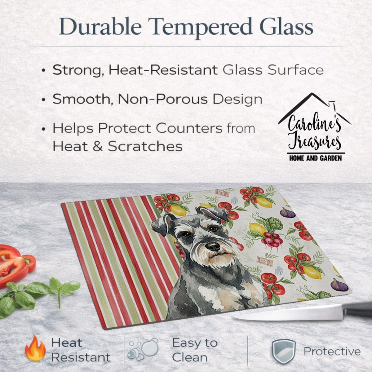 Picture of Carolines Treasures WDK8319LCB 11.25 x 15.25 in. Miniature Schnauzer Vegetables Glass Cutting Board