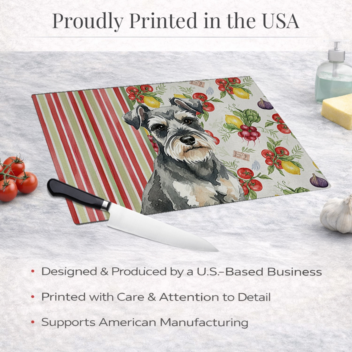 Picture of Carolines Treasures WDK8319LCB 11.25 x 15.25 in. Miniature Schnauzer Vegetables Glass Cutting Board