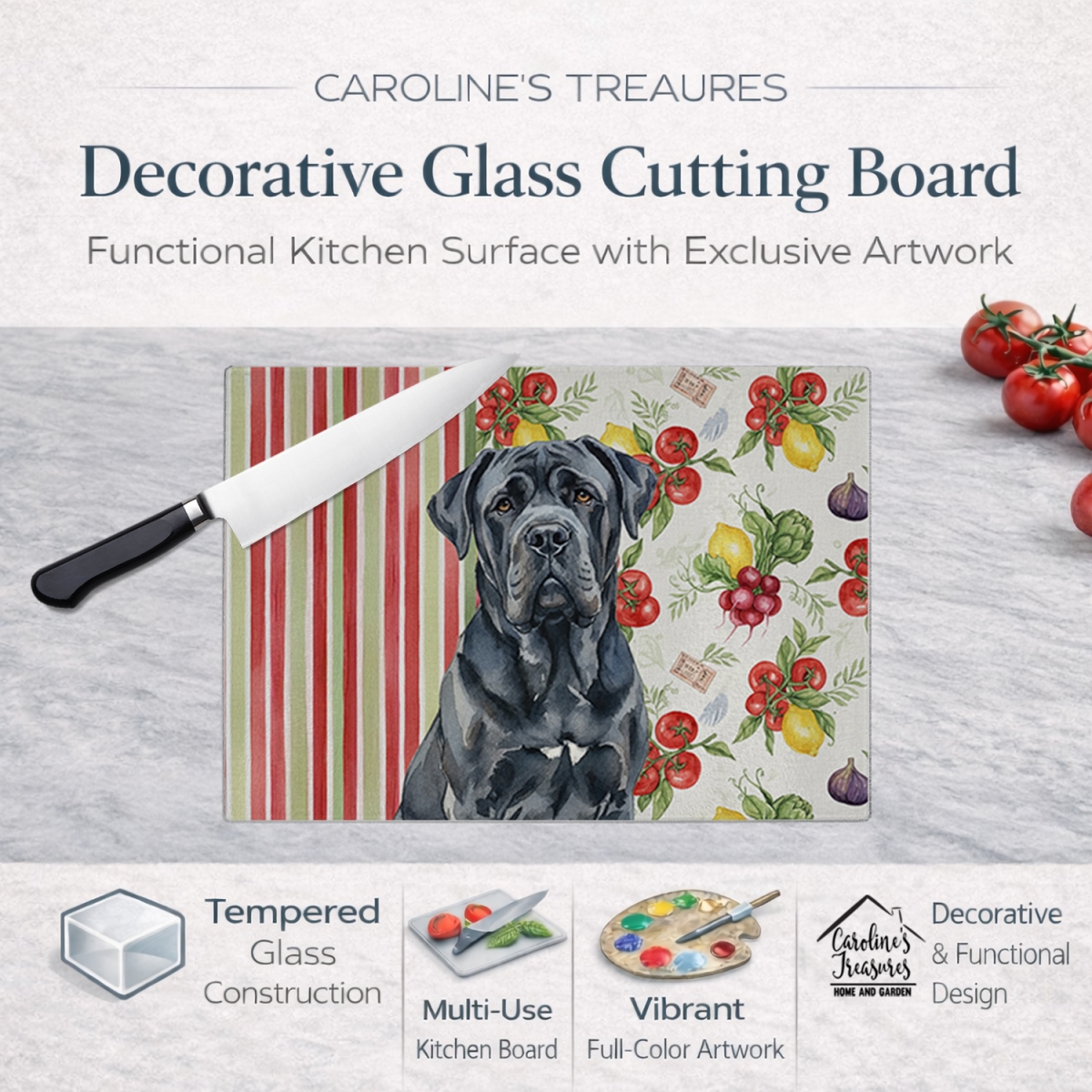 Picture of Carolines Treasures WDK8321LCB 11.25 x 15.25 in. Black Neapolitan Mastiff Vegetables Glass Cutting Board